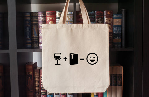 Canvas Tote Bag: Wine + Books = Happy